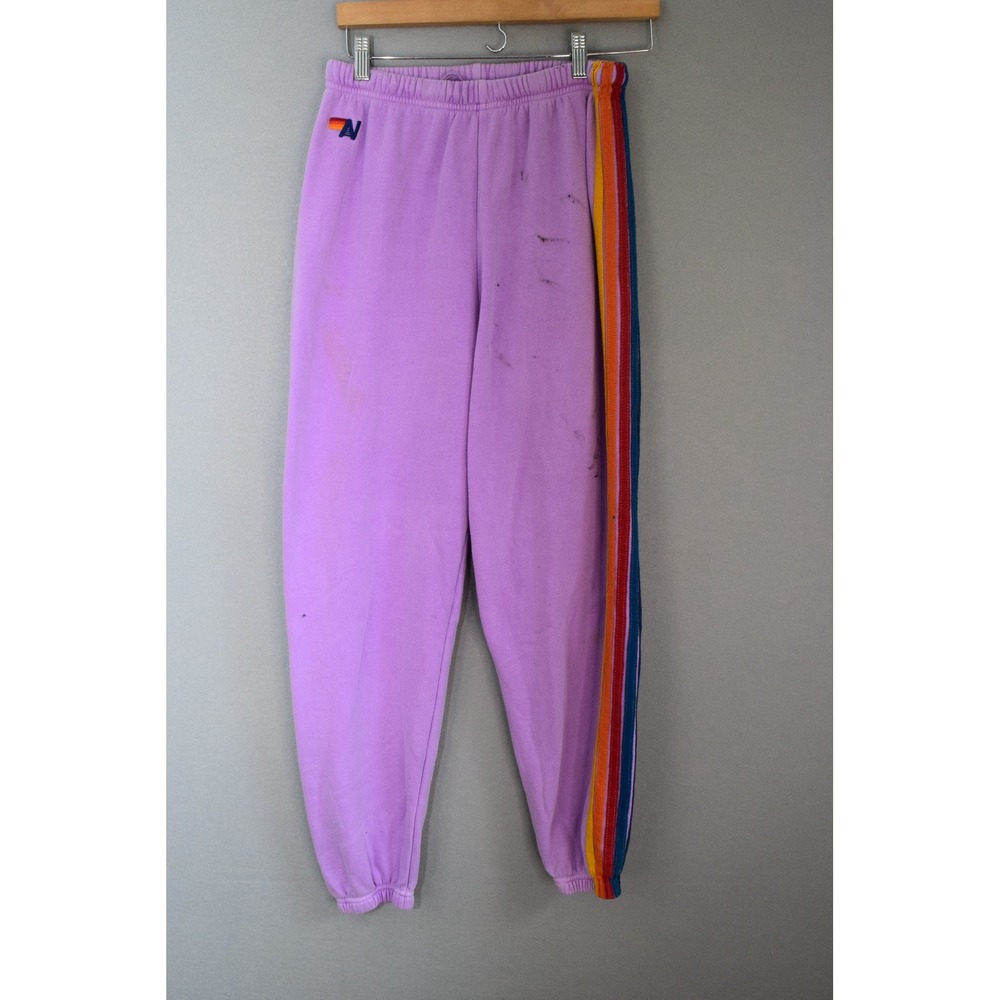 Aviator Nation Sweatpants Large Purple Rainbow Stripe Joggers Women Distressed